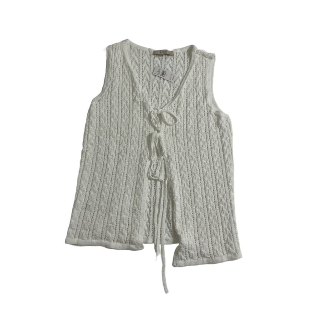 LOFT Sweater Vest Womens XL White Pointelle Crochet Knit Tie Front Sleeveless NW